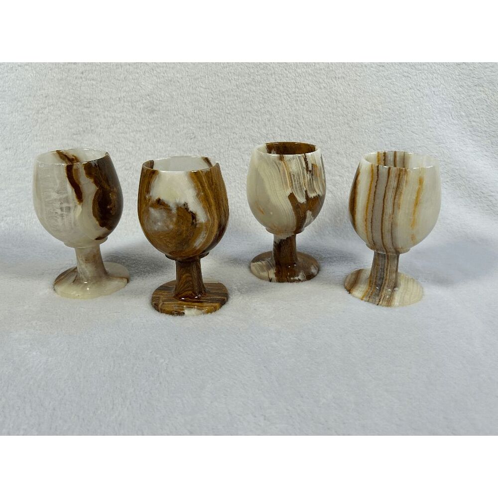Marble Onyx Short Stem Wine Goblets, Set of Four, Cream/Brown Marbling